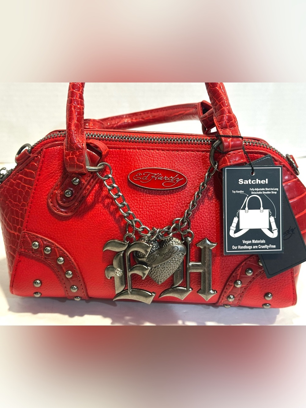 Ed Hardy Red  Satchel Handbag with Charm Accents - Picture 7 of 13